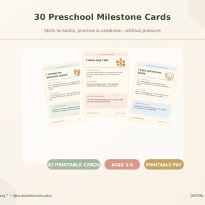 May include: A set of 30 preschool milestone cards featuring educational prompts and activities. The cards are displayed in a digital format with text including 'I manage my bathroom routine', 'I name how I feel', and 'I enjoy and discuss books'.