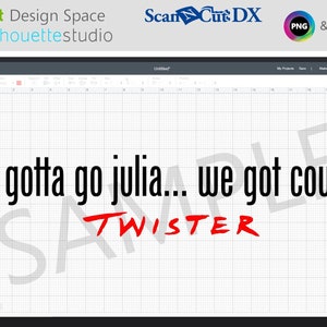 May include: A digital design screen displays the text "i gotta go julia... we got cows TWISTER" in black and red. The design is set against a grid background, with software logos at the top.