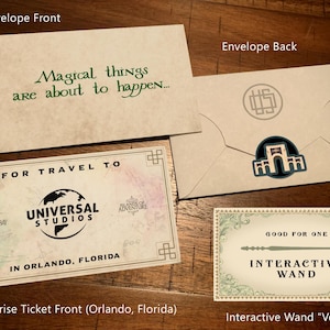 May include: A brown envelope with the text "Magical things are about to happen..." on the front and a castle icon on the back. The envelope contains a ticket for travel to Universal Studios in Orlando, Florida, and a voucher for a good for one interactive wand.