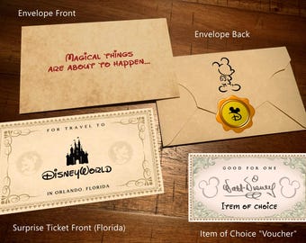 Personalized Disney World Orlando Vacation Surprise Ticket & Envelope With Item of Choice Voucher