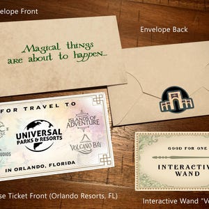 May include: An assortment of themed paper items, including an envelope with the text "Magical things are about to happen...", a ticket for Universal Parks & Resorts in Orlando, Florida, and an interactive wand voucher.