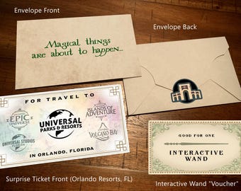 Personalized Universal Orlando All 4 Parks Vacation Surprise Ticket With Envelope, Seal & Ollivander's Interactive Wand "Voucher"