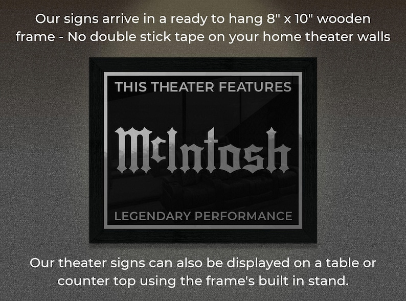 Pode incluir: Uma placa preta enquadrada com fundo prateado e texto branco. A placa diz "This Theater Features McIntosh Legendary Performance". A placa mede 20,32 cm por 25,4 cm e est&aacute; pronta para pendurar.