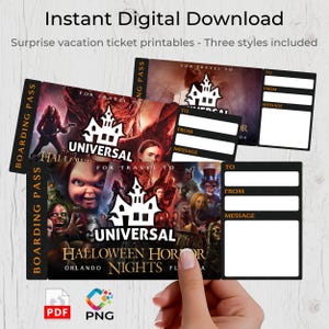 Op de afbeelding: Digitale download van printbare Universal Halloween Horror Nights tickets. De tickets hebben een donker kleurenschema met afbeeldingen van horrorpersonages en het Universal-logo. Inclusief PDF- en PNG-formaten.