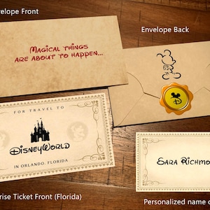 Personalized Disney World Orlando Vacation Surprise Ticket & Magical Things Are About To Happen Envelope . Free USPS Shipping With Tracking