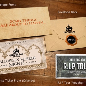 May include: A brown envelope with the text "Scary things are about to happen..." on the front. The back of the envelope has a Universal Studios Halloween Horror Nights logo and a wax seal with the letters "HHN". A ticket for the Universal Studios Halloween Horror Nights event in Orlando, Florida is included. The ticket has a gothic arch design and the text "Halloween Horror Nights" and "R.I.P. Tour".