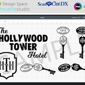 Op de afbeelding: Zwart-wit digitaal ontwerp met de tekst "The Hollywood Tower Hotel" met een gestileerde sleutel en een monogram. Het ontwerp is geschikt voor gebruik als snijbestand voor knutselprojecten.