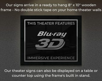 8" x 10" Framed Home Theater Cinema Sign - Ready To Hang & Tabletop Option - Free Shipping - 3D Blu-ray