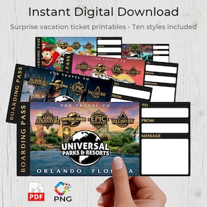 Puede incluir: Descarga digital de plantillas de billetes de vacaciones sorpresa. La imagen muestra varios diseños para Universal Studios, incluyendo Islands of Adventure, Volcano Bay y Epic Universe. Cada billete tiene espacio para un mensaje y el nombre del destinatario.