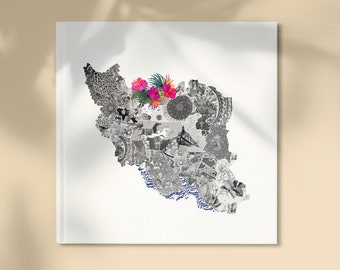 May include: A black and white collage of images depicting the country of Iran, with a cluster of pink and purple flowers in the centre.
