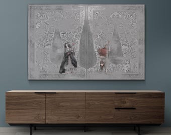 Qajar Women in a Silver Garden , Vintage Iranian Painting, Mixmedia Wall Decor (Digital Download)