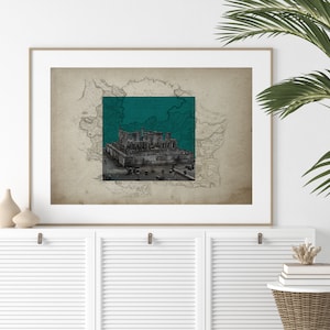 May include: A vintage map with a teal blue overlay of a building with a text label that reads "Mert, Persia, A.D. 600".