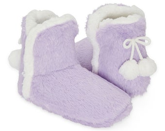 Girls Purple Furry Bootie Slippers With Pom Poms