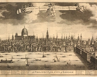 A Prospect of the City of London Antique Print Etching Painting Panoramic View