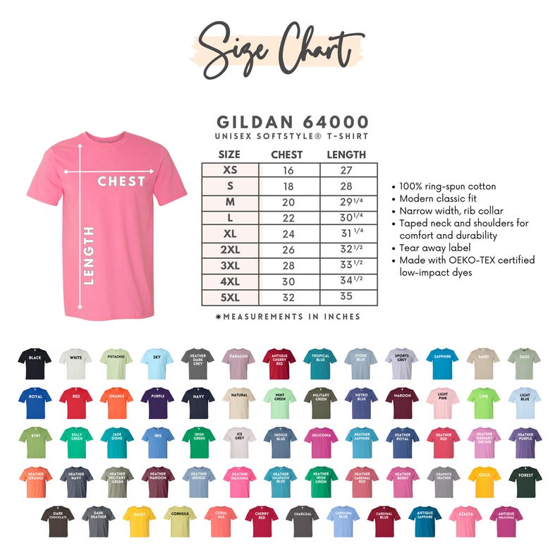 May include: Pink Gildan 64000 unisex t-shirt with a size chart. The chart lists chest and length measurements in inches for sizes XS to 5XL. The shirt is made of 100% ring-spun cotton with a modern classic fit.
