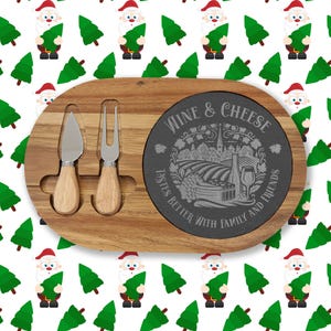 Engraved Acacia Wood Charcuterie Board with Slate, Cheese Knives