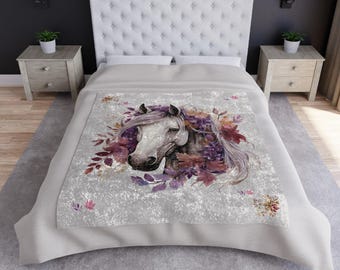 Equestrian Horse Throw, Autumn Velvet Blanket, Fall Leaves Watercolor Bedding, Cozy Home Decor, Gift for Horse Lover, Rustic Cabin Decor