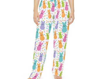 Womens Colorful Bunny Print Pajama Pants, Cute Sleepwear, Easter Gift, Cozy Loungewear, Spring Vibes, comfy pants, holiday pjs, for her