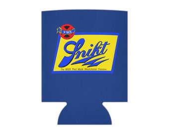 Schlitz beer/Wolverine (X-Men) mashup. Blue/yellow costume variant.  Can Coozie