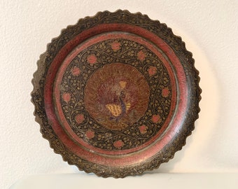 Vintage 80’s, Etched Color Peacock Tray, Cool Gallery Wall Deco