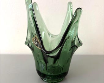 Vintage 1970's Fenton Green Handkerchief Glass Vase 4.25" Tall