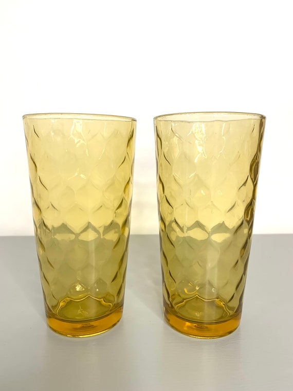 2 Vintage Anchor Hocking Drink Glasses, Amber Diamond Optic