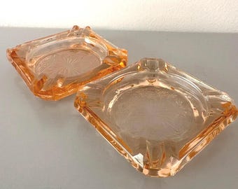 2 Vintage Jeanette Pink Depression Glass Square Ashtrays, Adam Pattern Starburst Design 3.25" x 3.25"