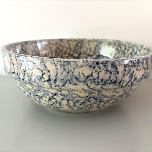 Large Vintage Marshall Pottery Blue Spongeware Mixing Bowl, Americana Made in Texas