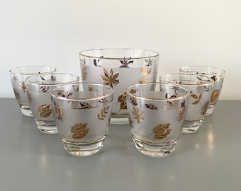 Vintage Libbey Golden Foliage Ice Bucket with Low Ball Glasses, MCM Barware
