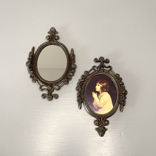 Vintage Pair of Italian Metal Picture Frames, Miniature Mirror and Praying Girl