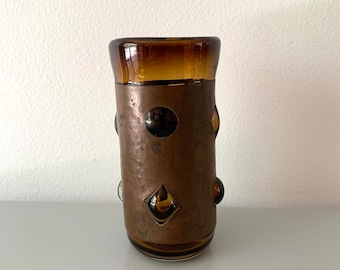 Vintage 1960s Hand-Blown Amber Highball Glass: Caged Brutalist Kitchenware