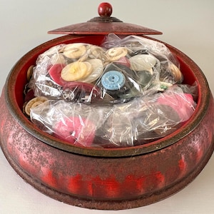 Vintage 1940's Round 3 Piece Red Sewing Tin Packed Full of Vintage Buttons