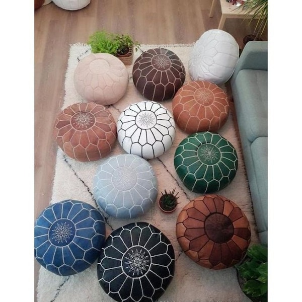 leather pouf Moroccan Handmade Ottoman with Stitching, Leather Handmade Footstool Floor Cushion Unstuffed Cover poufs