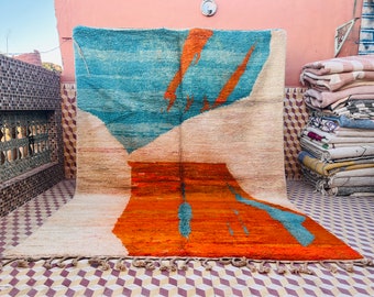 Artistic BENIOURAIN RUG, Custom Moroccan Rug, Artistic Rug, Abstract Rug, Berber Rug, Blue & Orange