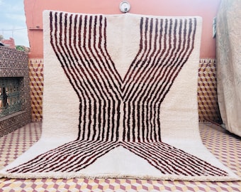 Uniaue Beniourain Rug, Moroccan Rug  White And Brown Rug, Striped Rug