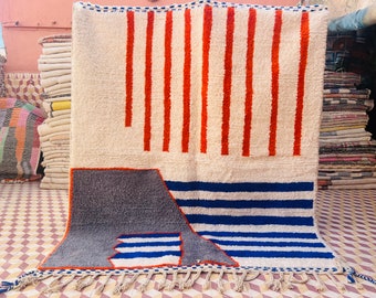 Handmade ORANGE qnd blue Moroccan Carpet , Custom Beni Ourain Area Rug, Berber Boho Wool Rug