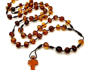 Rosário Católico - Rosário de Âmbar Báltico Natural com Cruz, Feito à Mão, Presente Espiritual