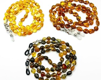 Corrente de óculos feita à mão - Porta-óculos com âmbar do Báltico - Porta-óculos em 3 cores