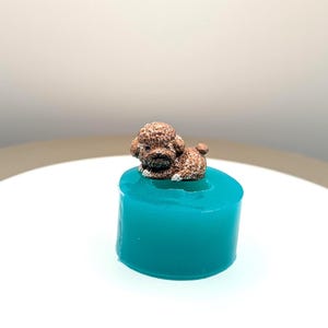 May include: A small, brown poodle figurine rests on a teal, cylindrical base. The poodle has a textured coat and is in a seated position. The base is smooth and solid, creating a contrast with the poodle's detailed texture.