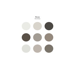 May include: A minimalist design featuring a "Stone" paint scheme. Nine circular color swatches in varying shades of gray, beige, and brown are arranged in a grid. The text "Stone" and "Paint Scheme" are displayed in a simple font.