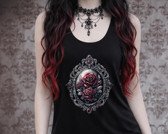 May include: Black tank top featuring a framed rose design with red roses and a decorative border. The tank top is sleeveless and has a scoop neck. The model is wearing a black choker necklace and bracelets.
