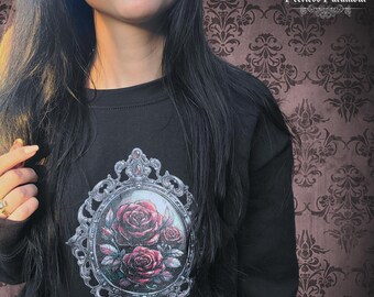 Gothic Rose Blumen Sweatshirt - Romantisches Goth Crewneck Pullover Geschenk - Edgy moderne viktorianische Gothic Kleidung für Frauen, Teenager Mädchen