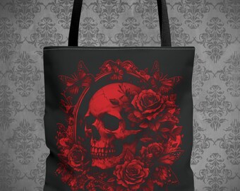 Floral Skull Gothic Tote Bag - Zwart en Rood Esthetische Gotische Tas - Schoudertas - Floral Tote Bag - Romantische Goth Bag - Goth Cadeau