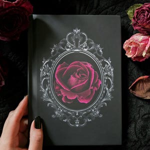 Diario gótico de tapa dura con diseño de rosa gótica, libreta floral victoriana oscura, camafeo antiguo vintage, regalo elegante y atemporal, diario con cartas de amor.