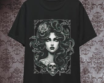 Medusa T-Shirt | Short Sleeve Graphic Tees | Alternative Edgy Aesthetic Gothic Clothes | Witchy Gifts | Greek Goddess Shirt for Women