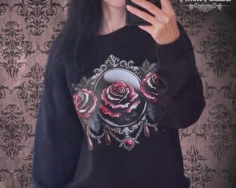 Gothic Rose Floral Sweatshirt - Romantische Goth Kleidung - Dark Aesthetic Pullover Geschenk - Edgy Alternative Kleidung für Frauen, Teenager Mädchen