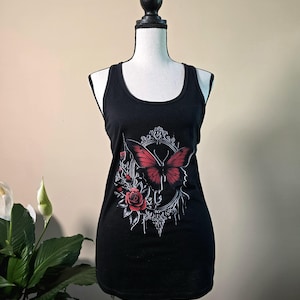Red Butterfly Floral Racerback Tank Top - Romantic Gothic Clothes - Aesthetic Victorian Goth Shirt for women, teen girls - Gift for her