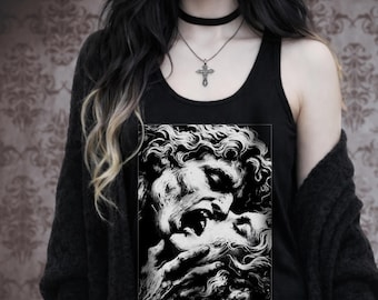 Camiseta sin mangas Gothic Lovers, camisa oscura femenina, camiseta sin mangas negra estilo racerback gótica suave, ropa alternativa para mujer, inspirada en la mitología.