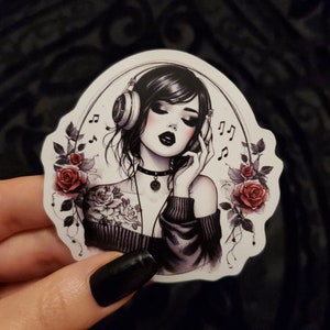 Bloemenmeisje waterdichte stickers - esthetische sticker - prachtige Goth-stickers - gotische roos bloemen kiss-cut vinylstickers, muzieksticker cadeau