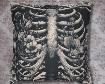 Floral Rib Cage Pillowcase | Aesthetic Gothic Pillow Cover | Indoor Home Decor | Goth Gift